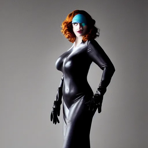 Image similar to Fully-clothed full-body portrait of Christina Hendricks as catwoman with eyes covered, XF IQ4, 50mm, F1.4, studio lighting, professional, 8K