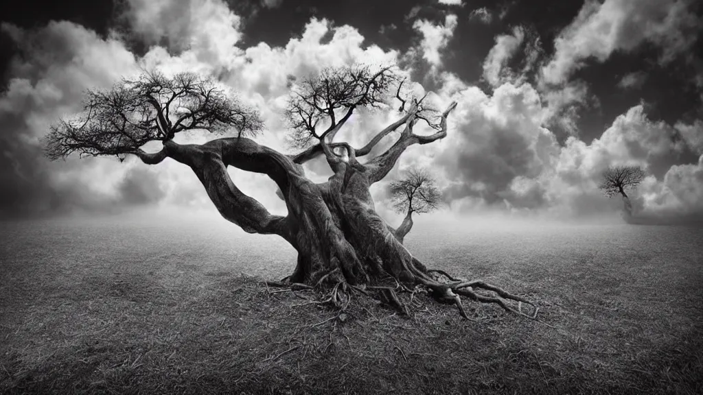 Image similar to tree roots reaching up into the clouds, surrealism photography by Sarolta Bán