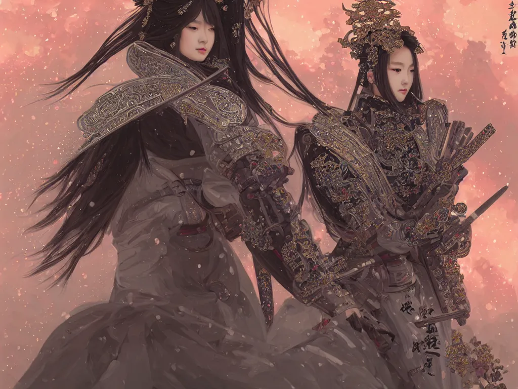 Prompt: portrait jisoo blackpink samurai girl, grey hair armored samurai clothes, in japanese temple fire stormy sparkles night, ssci - fi and fantasy, intricate and very very beautiful and elegant, highly detailed, digital painting, artstation, concept art, smooth and sharp focus, illustration, art by tian zi and wlop and alphonse mucha