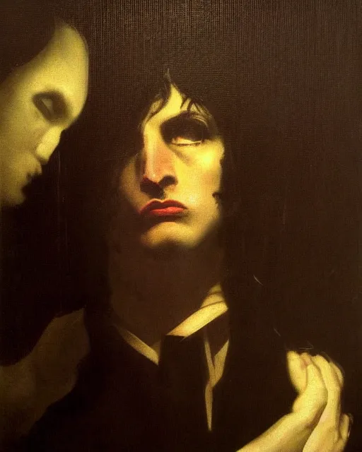 Image similar to a beautiful and eerie baroque painting of a beautiful but creepy young man in layers of fear, with haunted eyes and dark hair, 1 9 7 0 s hotel room, seventies, wallpaper, a little blood, morning light showing injuries, delicate embellishments, painterly, offset printing technique, by brom, robert henri, walter popp