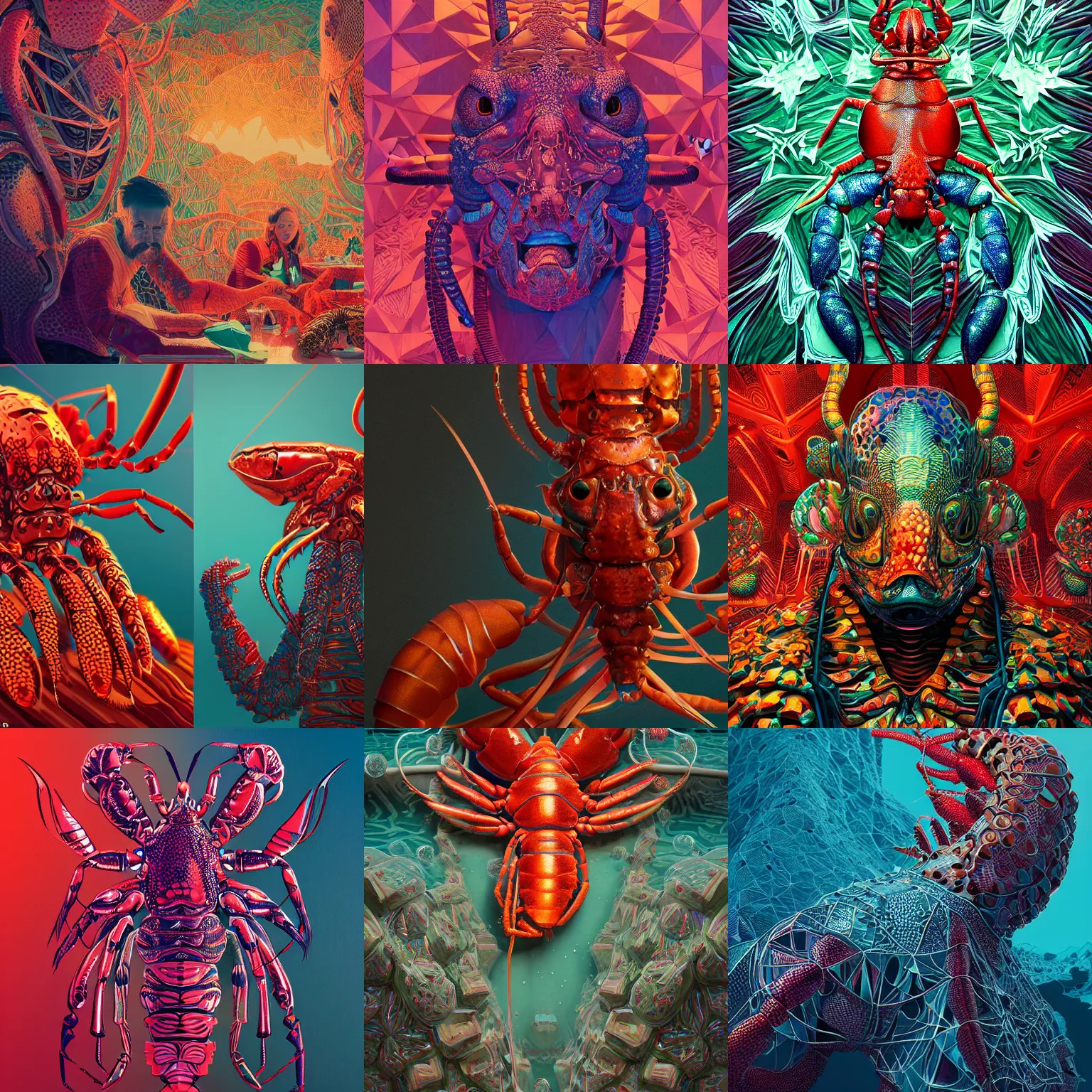 Prompt: highly detailed vfx portrait of lobster, geometric polygons, global illumination, detailed and intricate environment by james jean, liam brazier, victo ngai and tristan eaton