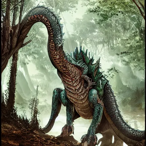 Image similar to a gargantuan dragon idly standing in a forest, peacefully drinking river water, intricately defined, complexly detailed, robustly ordinated, artist concept art, artist interpretation, trending on artstation, digital art, 4 k quality