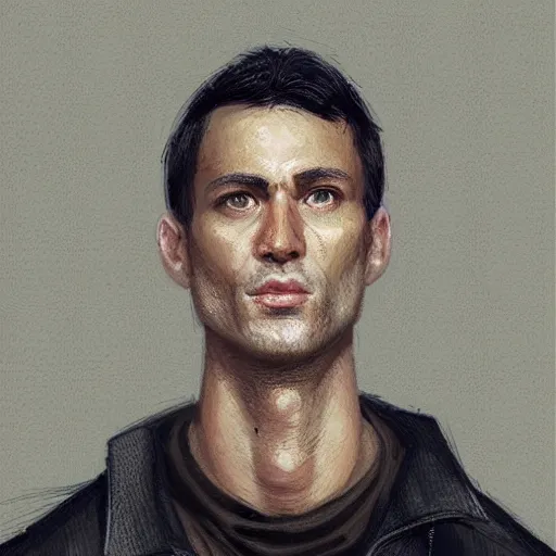 Image similar to Portrait of a man by Greg Rutkowski, he is about 30 years old, short black hair with bangs, his features are a mix between French, Turkish and Russian and he is wearing a beige and black utility jumpsuit, highly detailed portrait, digital painting, artstation, concept art, smooth, sharp foccus ilustration, Artstation HQ.