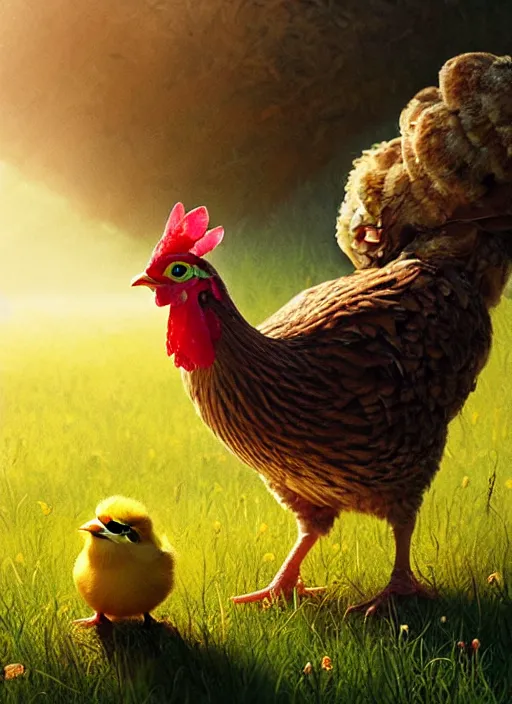 Image similar to a hen and her two cute small yellow chicks on a meadow, mama movie poster by nuri iyem, james gurney, james jean, greg rutkowski, anato finnstark. pixar. hyper detailed, 5 0 mm, award winning photography, perfect faces