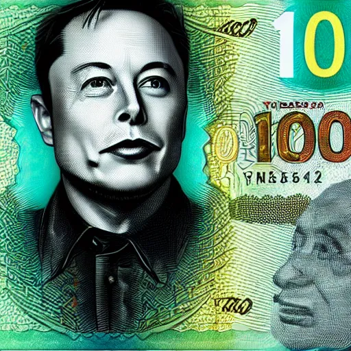 Prompt: Elon Musk on a 100 dollar banknote. High detailed, realistic.