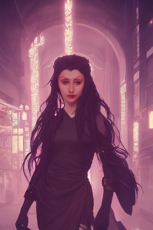 Image similar to portrait, vampire of clan banu haqim, light brown skin, night, long light blue hair, beautiful, in a cyberpunk city, neon signs, jewelry, alphonse mucha, william bouguereau, rossdraws, greg rutkowski, super detailed, realistic, octane render, volumetric, cinematic, 8 k