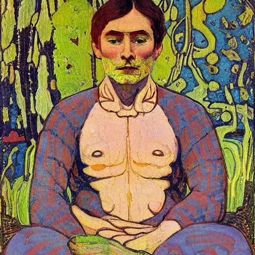 Prompt: by tom thomson, by louis rhead straight surrealism. a art installation of a man with a large head, sitting in a meditative pose. his eyes are closed & he has a serene look on his face. his body is made up of colorful geometric shapes & patterns that twist & turn in different directions.