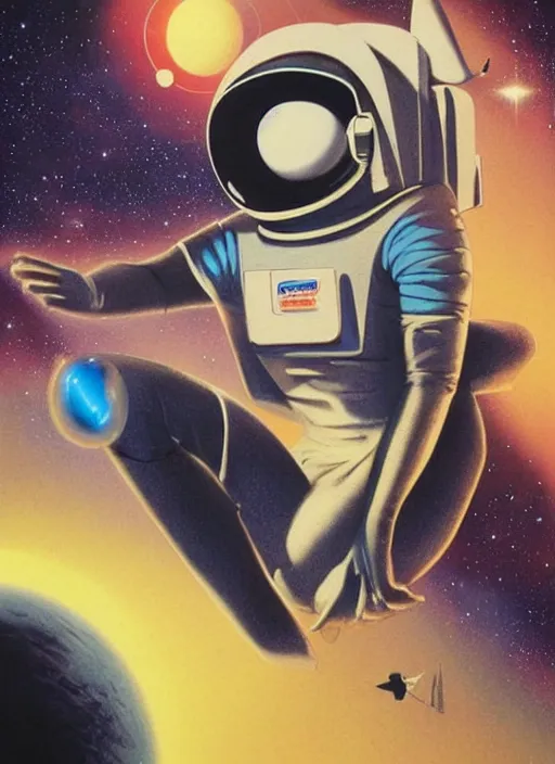 Image similar to a meditating astronaut, by vincent di fate, artgerm julie bell beeple, 1 9 8 0 s, inking, vintage 8 0 s print, screen print