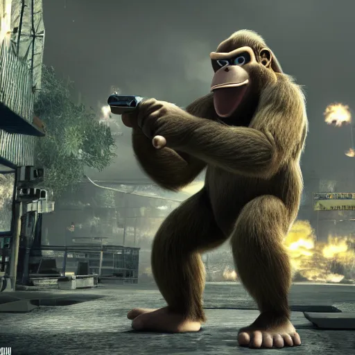 Image similar to Donkey Kong in Call of Duty, highly detailed, high quality, HD, 4k, 8k, Canon 300mm, professional photographer, 40mp, lifelike, top-rated, award winning, realistic, sharp, no blur, edited, corrected, trending