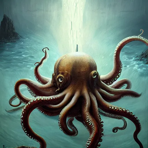 Image similar to a dream fantasy painting of a giant octopus kill a diving man, by beksinki, giger, greg rutkowski, carne griffith trending on artstation, deviantart, photorealism