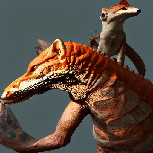 Prompt: a large human cross lizard eating a small fox, digital art, artstation, realistic, hyperreal, high quality