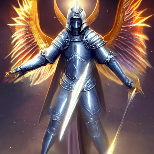 Prompt: An archangel man standing in a medieval battlefield holds a white fantasy sword above his head, light comes down from above and refracts off of the swords tip into shattered beam fragments around his body, artstation, award winning art, highly detailed incredible art