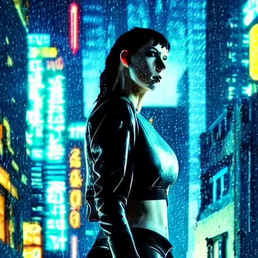 Image similar to jennifer connely starring in a cyberpunk movie in a distopic futuristic city in the style of bladerunner, movie still, highly detailed, rainy night, volumetric lights, dramatic, scifi