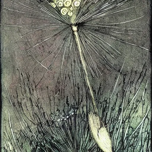 Image similar to a beautiful fairytale painting of a dandelion seed that is also a fairy. the dandelion seed is the body of the fairy. beautiful clear painting by arthur rackham