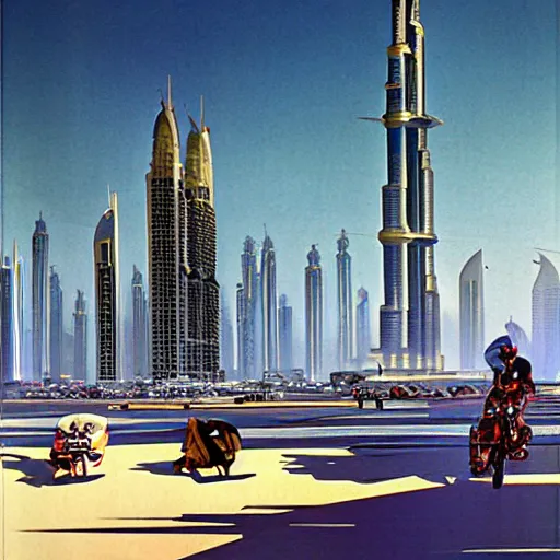 Image similar to gta : dubai, by syd mead