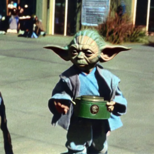 Prompt: A still of Yoda’s first day at school. Holding a Star Wars lunch pail .