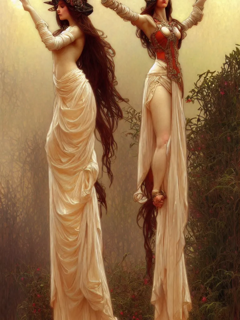 Image similar to a woman modestly dressed, tall, feminine, intricate, elegant, highly detailed, digital painting, artstation, smooth, symmetrical, sharp focus, illustration, art by gaston bussiere and alphone mucha