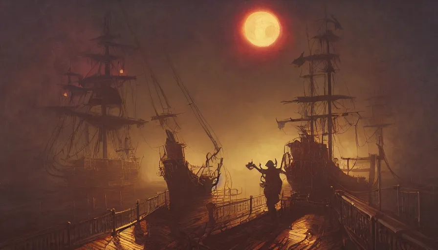 Image similar to ghost pirate aboard a pirate ship, spooky fog, moonlit, oil on canvas, by Dan Mumford, by Josan Gonzalez, by Frank Frazetta, soft lighting