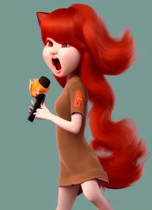 Image similar to a cute asian girl fox singing, flowing red hair in the style of pixar animation, mid-shot, award winning, hyper detailed, studio lighting, artstation, octane renderer, unreal engine