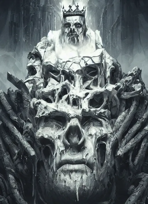 Image similar to the ruined king sitting on a throne made of skulls, concept art, digital illustration, trending on artstation, deviantart, artgerm, epic composition, masterpiece, highly detailed, perfect face, realistic face, wlop, ross draws