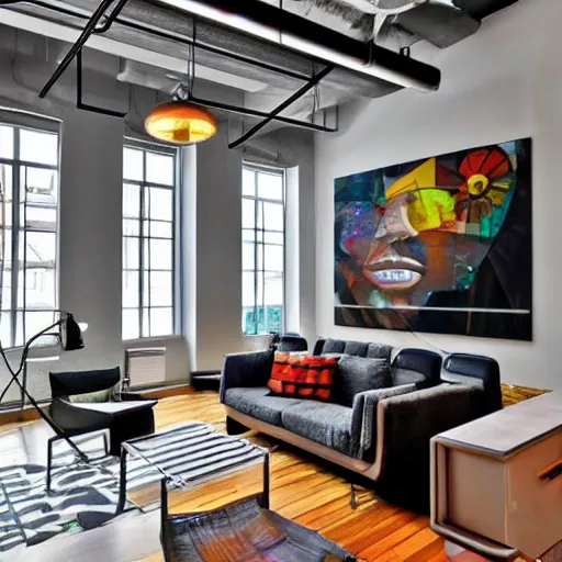 Prompt: trendy downtown loft with modern murals on the wall, modern art and patterns, interior design, beautiful architecture