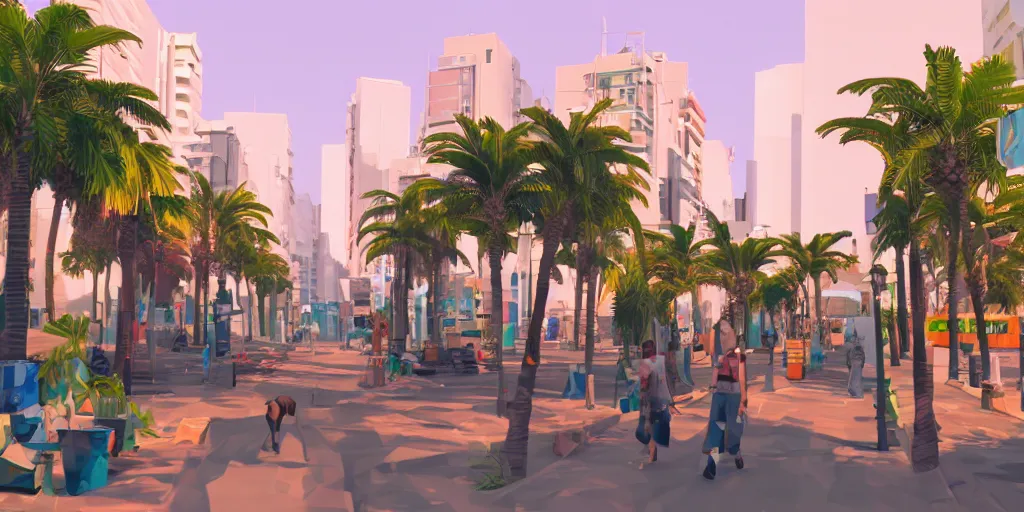 Prompt: streets of tel aviv. colorful. highly detailed. palm trees. dogs. 8 k. artstation trending. low poly art