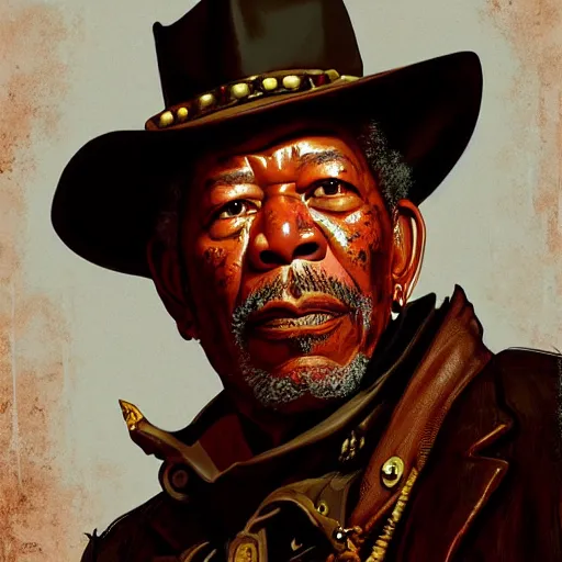 Image similar to Morgan Freeman as a steampunk cowboy in Red Dead Redemption 2, intricate, highly detailed, digital painting, artstation, concept art, sharp focus, illustration, art by greg rutkowski and alphonse mucha