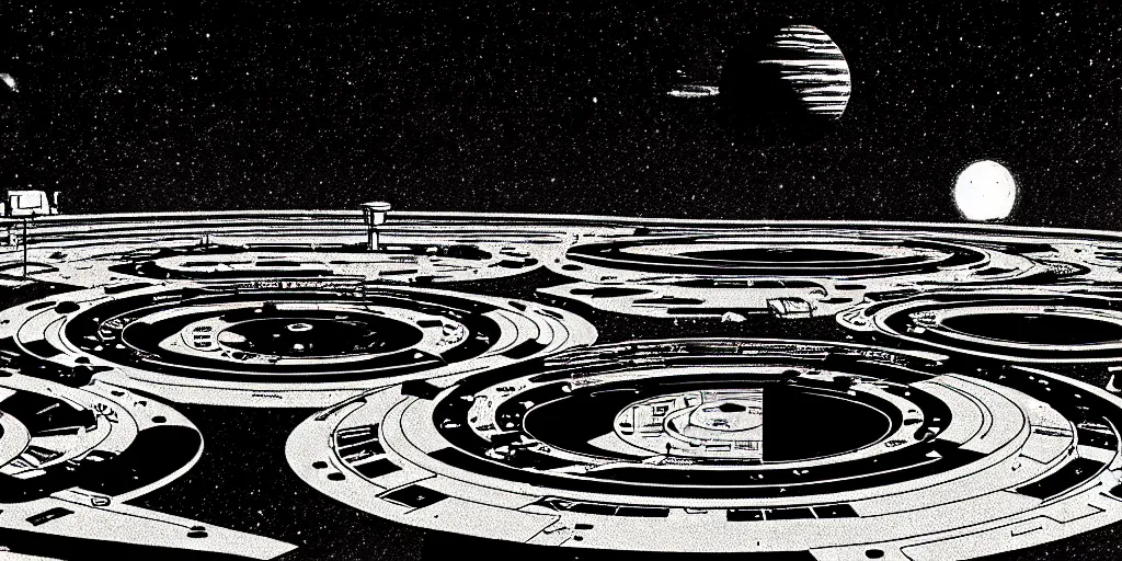 Prompt: ground angle shot of a space port at night, retro punk, ink by Frank Miller, cinematography by Jim Jarmusch, composition by Hale Woodruff, soundtrack by Aphex Twin, background by Moebius.