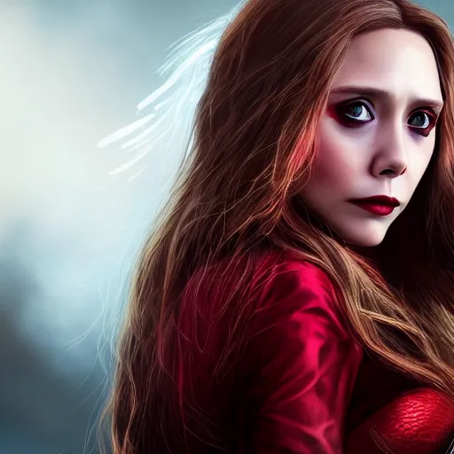 Image similar to Elizabeth Olsen as the Scarlet Witch in emo attire and dark eyeliner, trending on artstation, gloomy atmosphere, photorealistic facial features, 4k, 8k