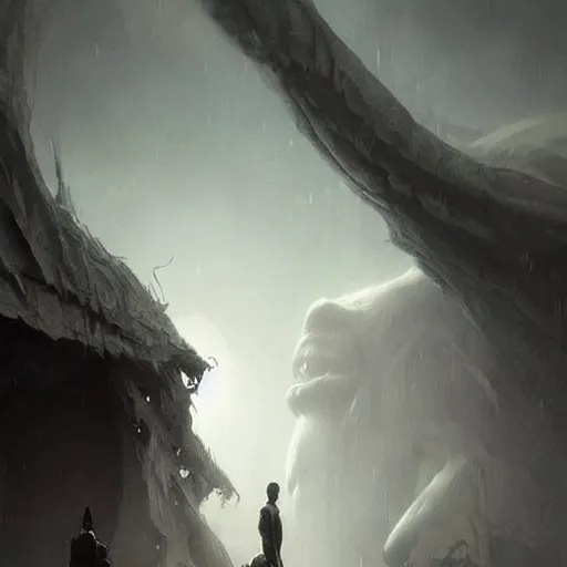 Image similar to a beautiful terrifying immense pale humanoid giant looms over a tiny human. ethereal horror fantasy art by greg rutkowski