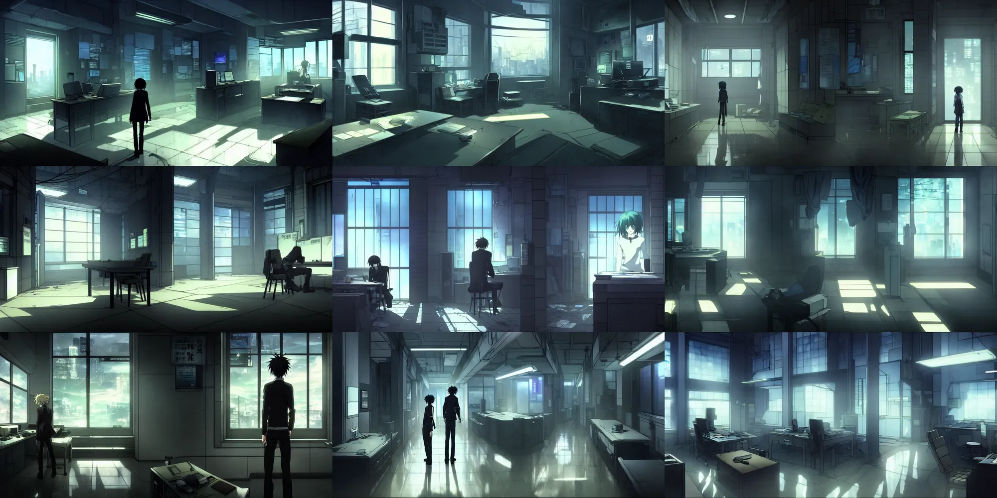 Prompt: interior of an after hours closed quiet quiet cyberpunk police office futuristic detective noir, in the anime series death note and ergo proxy, detailed atmospheric and gritty, by makoto shinkai and Shichiro Kobayashi