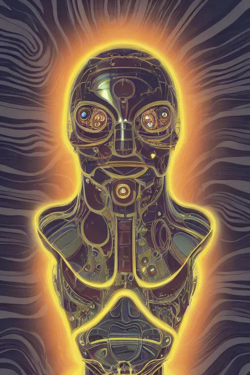 Prompt: portrait of a organic cyborg head covered in oil by pixar, centered, symmetrical, bilateral symmetry, 70s poster, polished, retro dark vintage sci-fi, 2D matte illustration