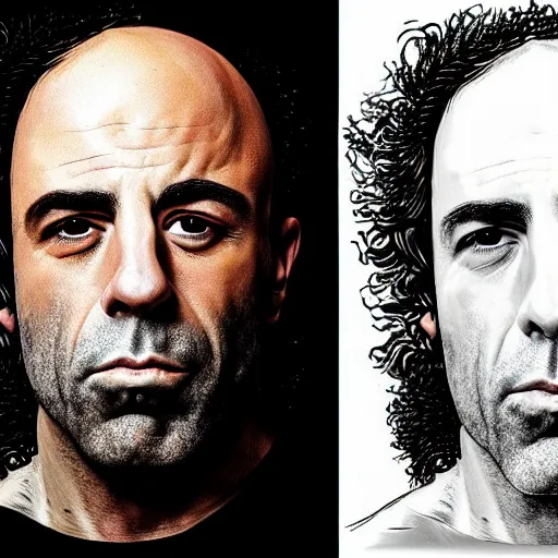 Image similar to Joe Rogan morphing into Howard Stern portrait, intricate, highly detailed, concept art, smooth, sharp focus, illustration, medium shot, mid-shot