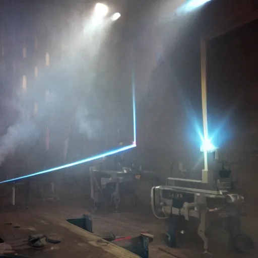 Prompt: a room full of smoke with laser beams shining through,