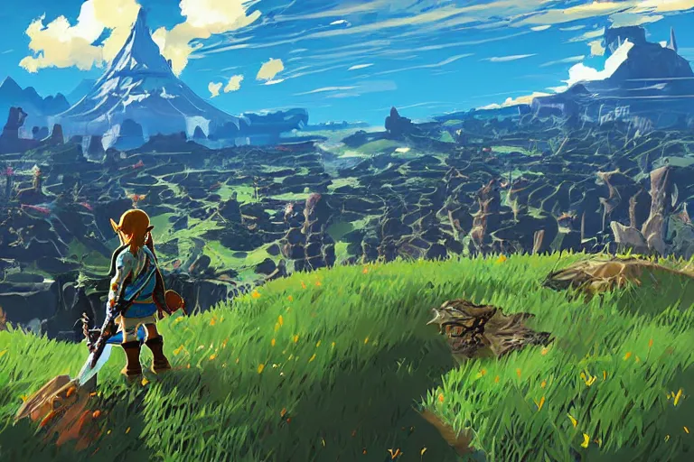 Image similar to an in game chaotic landscape from the legend of zelda breath of the wild, breath of the wild art style.