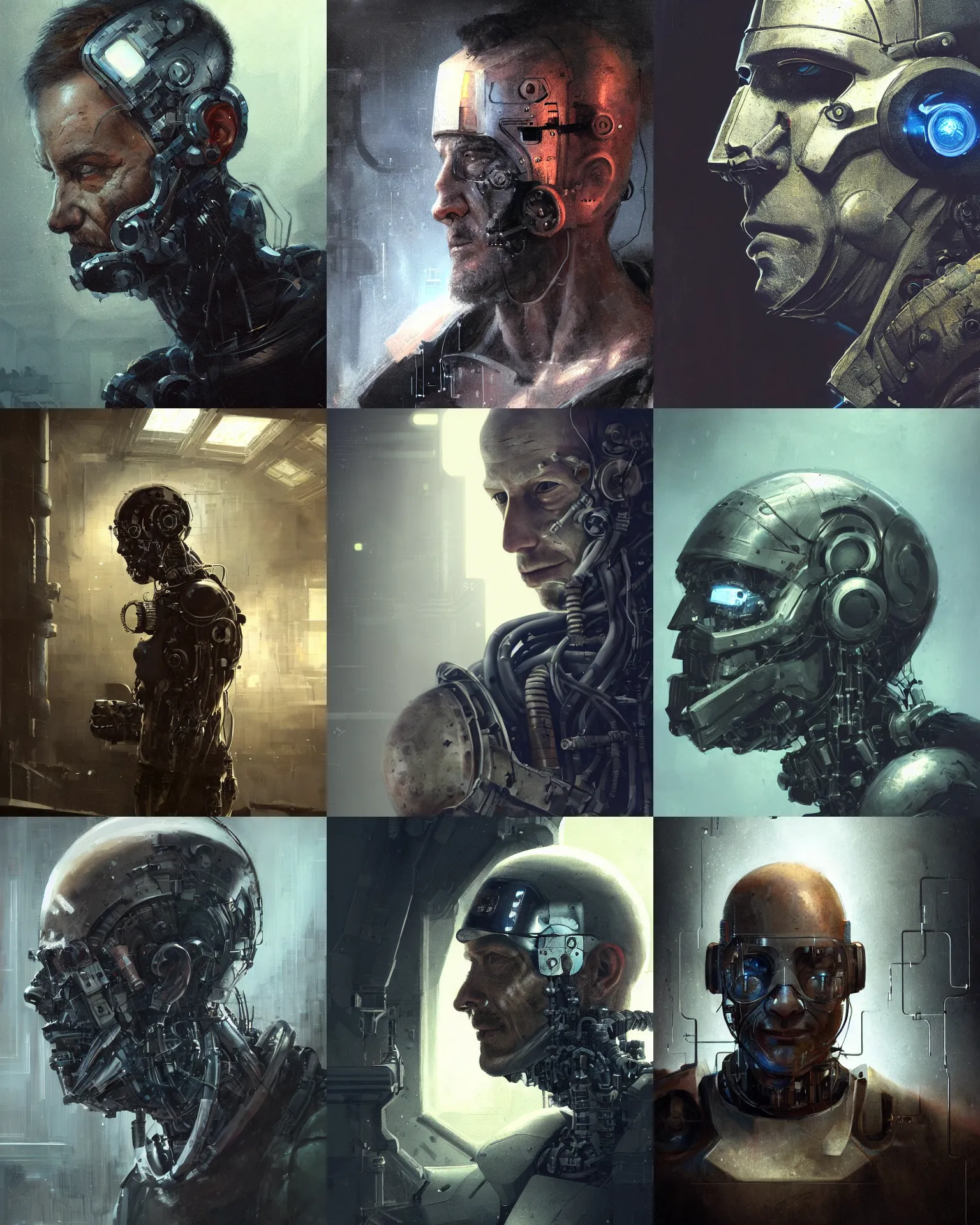 Prompt: a half - masked rugged laboratory engineer man with cybernetic enhancements as seen from a distance, scifi character portrait by greg rutkowski, craig mullins, esuthio, 1 / 4 headshot, cinematic lighting, dystopian scifi gear, gloomy, profile picture, mechanical, cyborg, half robot, implants, dieselpunk