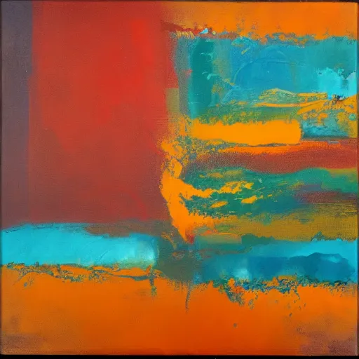 Image similar to orange, yellow, blue, abstract emulsion, oil on canvas