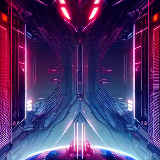 Prompt: Beyond Horizon. ArtStation, Cyberpunk, Vertical Symmetry, 8K, Highly Detailed, Intricate, Album Art.