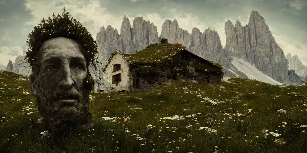 Prompt: old alpine famers head being overgrown by edelweiss, dolomites in background, dark, eerie, despair, portrait photography, artstation, digital art, adward winning, concept art, artstation, highly detailed, sharp focus, by caravaggio