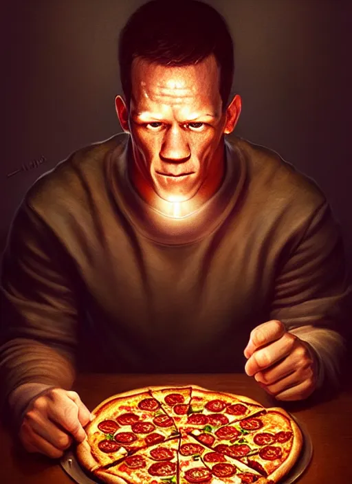 Image similar to portrait of john cena eating pizza, intricate, elegant, glowing lights, highly detailed, digital painting, artstation, concept art, smooth, sharp focus, illustration, art by wlop, mars ravelo and greg rutkowski