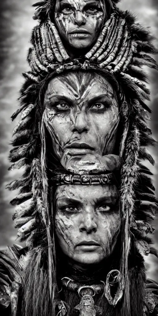 Image similar to fight portrait ancient shaman tribeswoman in battlerage, destroyed armor inspired by monster hunter, low shot, muscular body, symmetrical face, clean face, subtle make up, destruction around her, frozen time,dramatic lighting, cinematic, establishing shot, extremely high detail, photorealistic, 300 the movie,monster hunter the movie, dune the movie, cinematic lighting, artstation, octane render, western,old photo, vintage