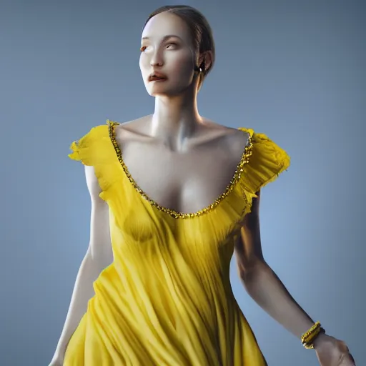 Image similar to portrait of woman with perfect skin, flowing yellow dress, glowing, ornate, jaw dropping beauty, glowing background lighting, white accent lighting, hyper detailed, 4 k octane render