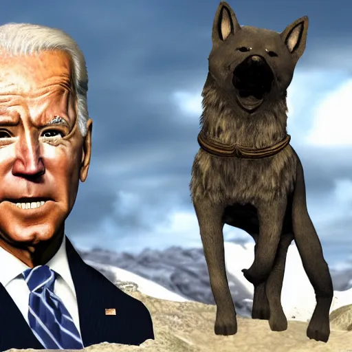 Prompt: Joe Biden in Skyrim with Doge, realistic render