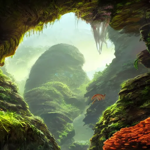 Image similar to Canyon in the jungle with corals and dinosaur dkeletons, 8k, detailed, concept art, trending on artstation