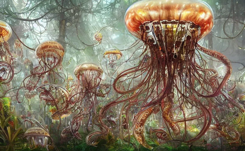 Image similar to Cyborg biomechanical jellyfish forest. By Konstantin Razumov, highly detailded