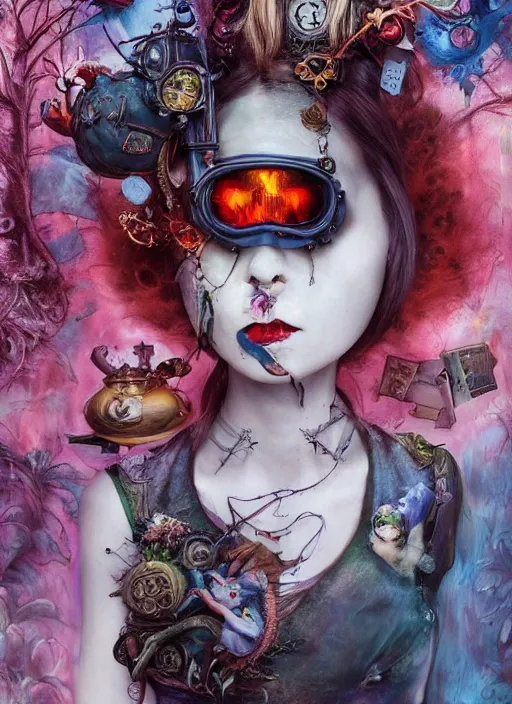 Prompt: alice in wonderland, angry, scary, cheeky, steampunk googles, highly detailed, cinematic, 8 k, by megan duncanson, benjamin lacombe, adrian borda, stanley artgermm, tom bagshaw, craig mullins, carne griffiths, ayami kojima, beksinski, giger, trending on deviantart, hyper detailed, horror, full of colour