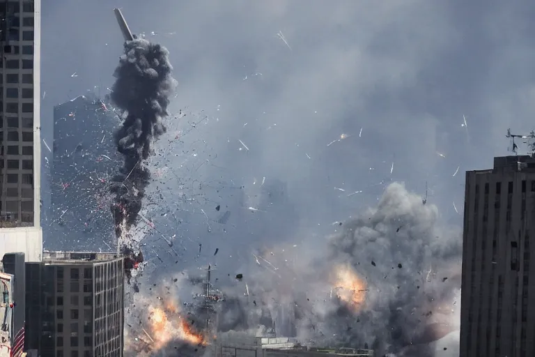 Image similar to militarily helicopter firing missiles smashes through high rise window, explosions, office interior, by Michael Bay