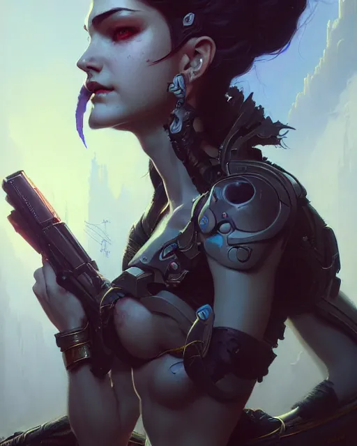 Image similar to widowmaker from overwatch, character portrait, concept art, intricate details, highly detailed by greg rutkowski, michael whelan and gustave dore
