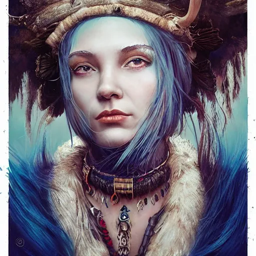 Image similar to A young female shaman, blue hair and antlers on her head. blindfolded, heilung, in the style of Heather Theurer, headshot photoshoot, insanely detailed and intricate, beautiful, elegant, cinematic toplight, portrait, headroom, artstation, karol bak