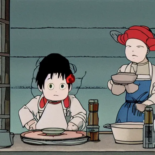 Image similar to A dimly lit laboratory with pigs cooking wearing cook aprons and kings crowns, art by Hayao Miyazaki, art by Studio Ghibli, anime style